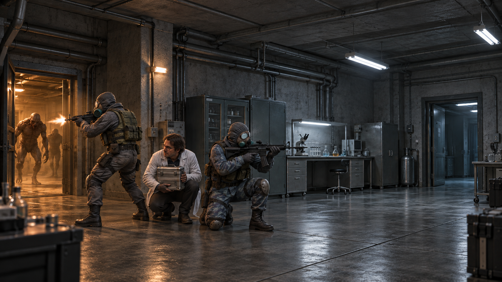 Наёмники защищают учёного в подземной лаборатории. Боец в сером камуфляже развёрнут к мутантам и стреляет из автомата в открытый проход. Напарник в сине-сером комплекте прикрывает противоположное направление с колена. Учёный с кейсом укрывается между ними. Справа лаборатория продолжается рабочим столом, шкафами и выходом в коридор.