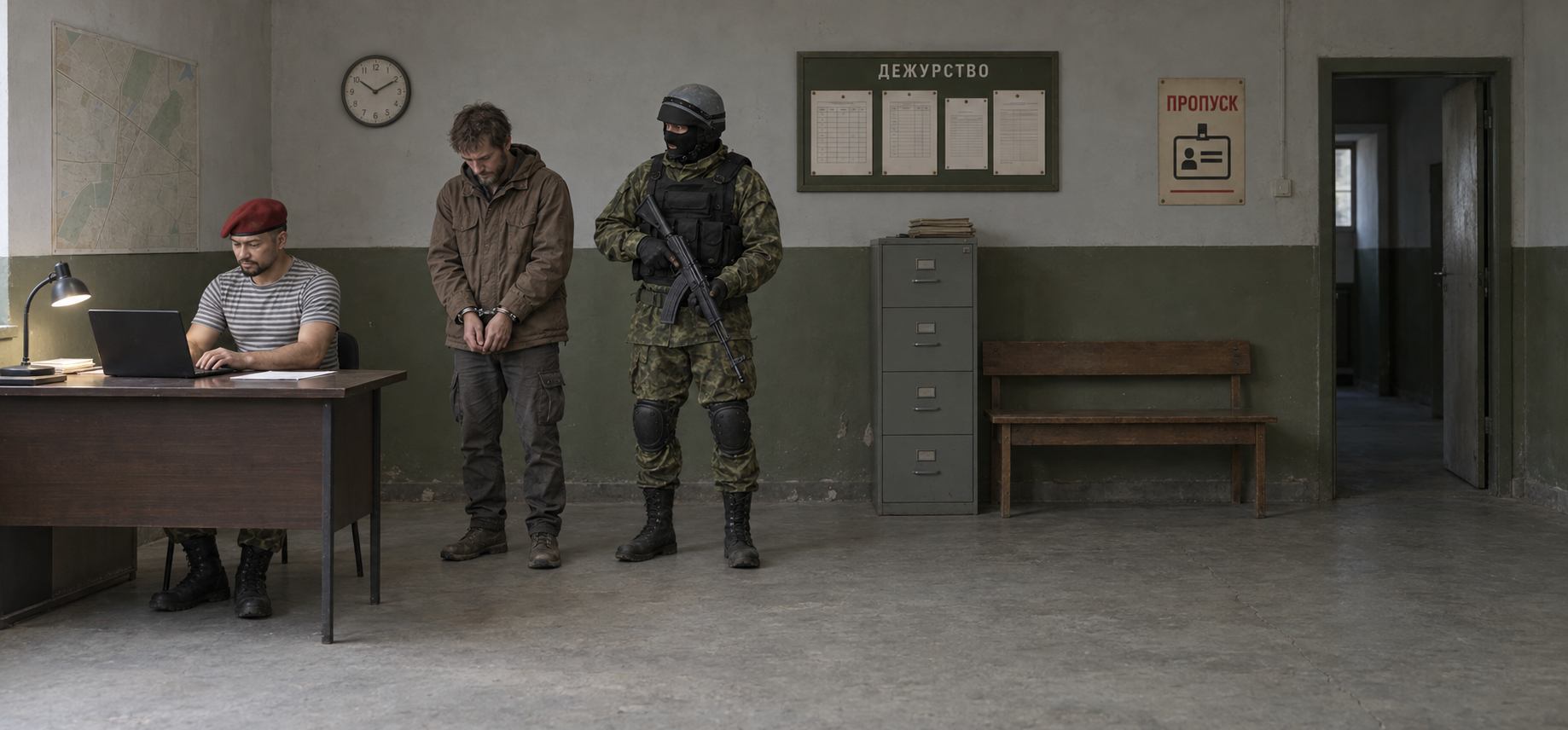 Военный в красном берете и тельняшке заполняет данные в ноутбуке. Сталкер в наручниках смотрит в пол, справа от него у стены стоит караульный с автоматом. Помещение блокпоста продолжается вправо: у стены стоят шкаф и скамья, открытая дверь ведёт в тускло освещённый коридор.