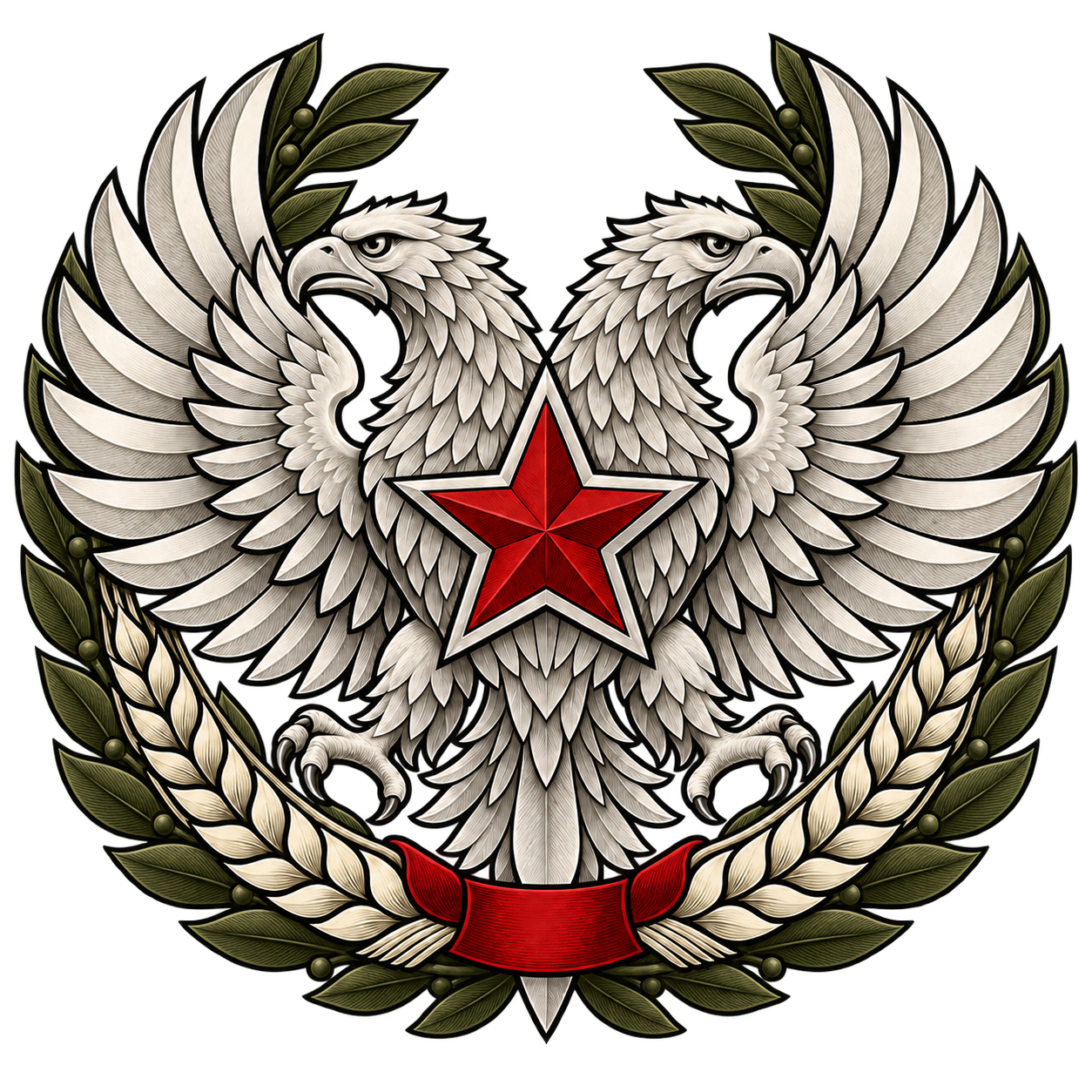Логотип группировки Военные: двуглавый белый орёл, красная звезда и венок